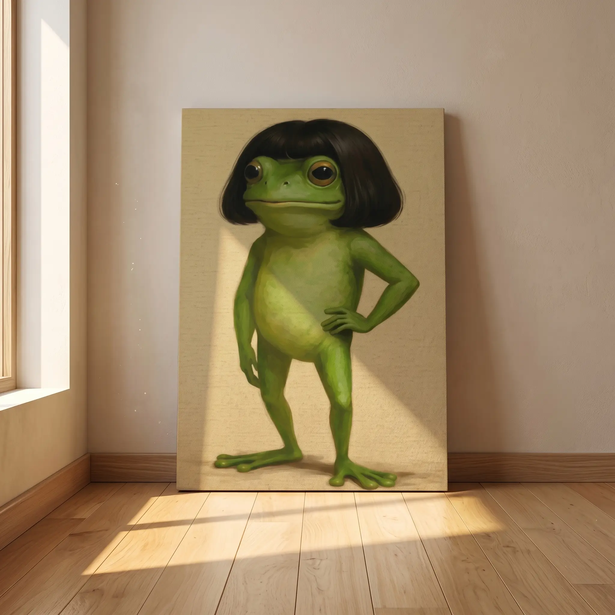 Whimsical Frog Portrait Canvas Poster Funny Animal Abstract Mimalist Green Funny Frog Poster Art Print Bob Haircut Kids Playroom Decor Frog Lover Gift Unique Wall Art quirky wall decor opossum humor artwork funny poster 24x 36 unique art decor posters