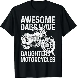 Men's Letter "Awesome Dads Have Daughters And Motorcycle Father's Day 2025 2" Print Round Neck Tee, Regular Fit Casual Short Sleeve T-shirt For Summer, Men's Top For Daily Outdoor