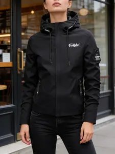 Women's Hooded Windbreaker Jacket with 'faithful' Print, Stylish Casual Outdoor Coat for Fall & Winter, Fitted with Pockets and Zipper