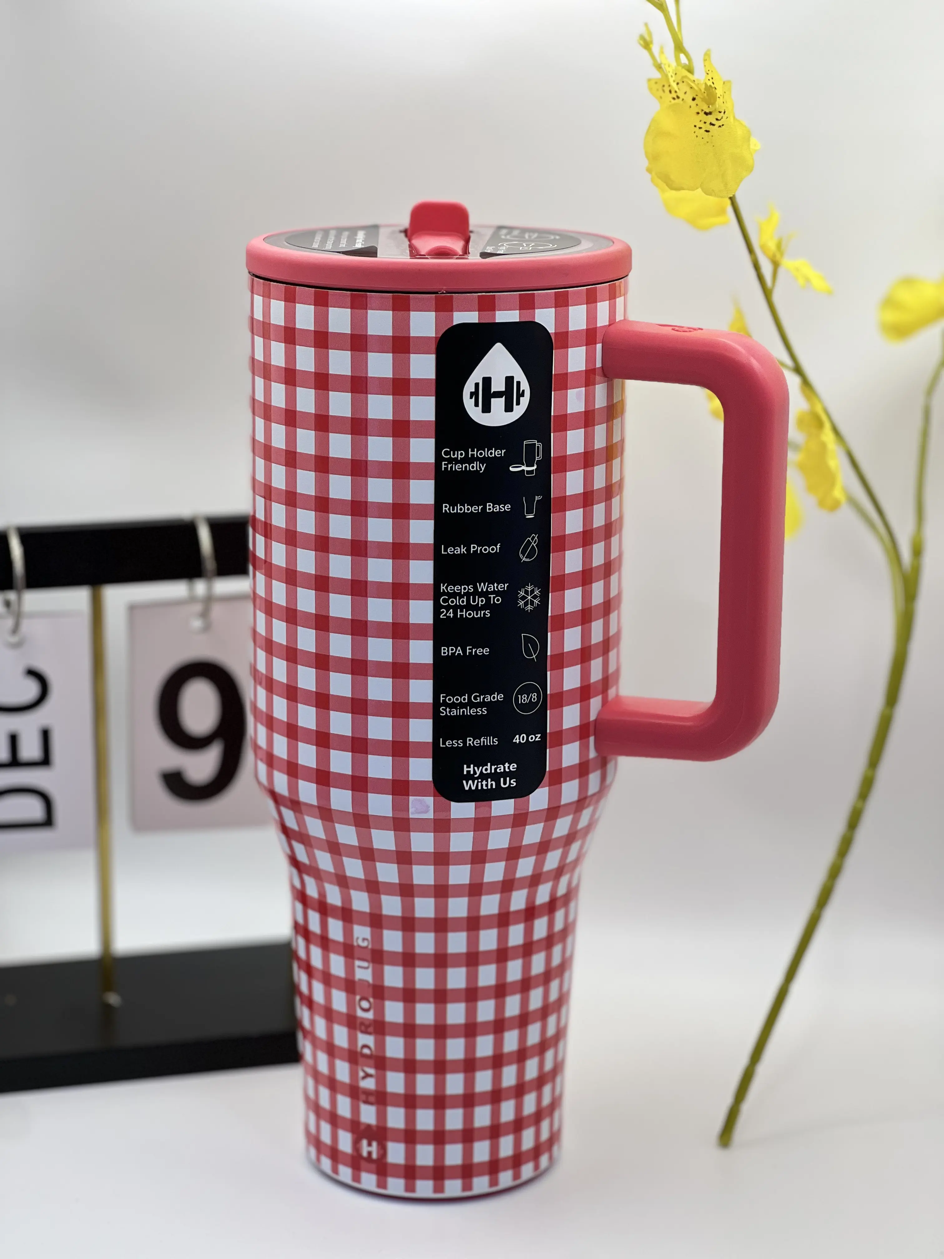 40oz Red Checkered Insulated Flask Bottle, Portable Hydrojug with Flip-Top Handle, Straw, Travel Drinkware