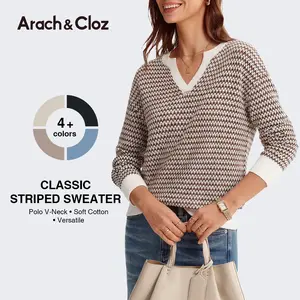 Arach&Cloz Womens 100% Cotton V Neck Striped Long Sleeve Polo Casual Pullover Sweater Trendy Fall 2026