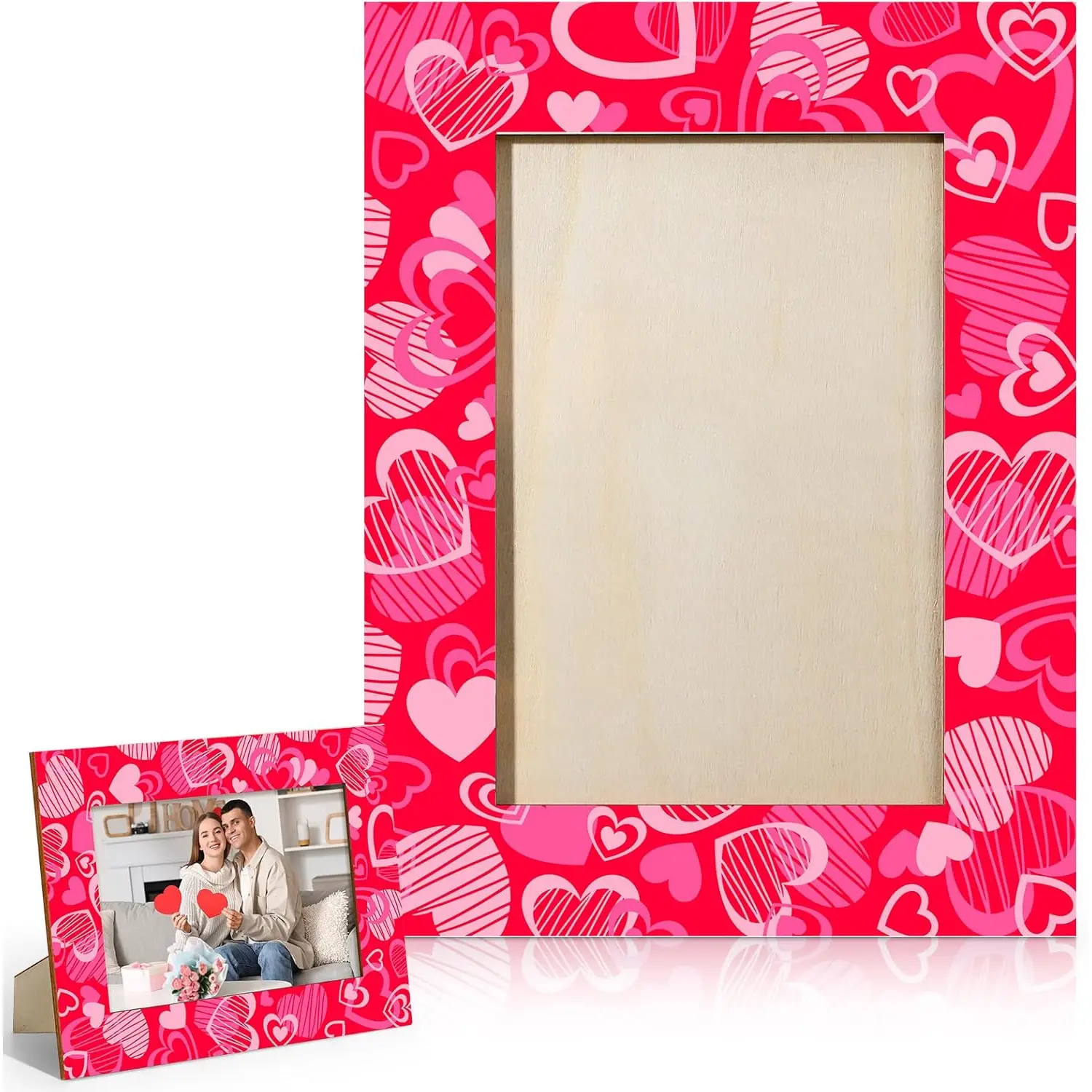 Valentine's Day Picture Frame 4 x 6 Inch Pink Hearts Wooden Holiday Photo Frame Tabletop Decor Festive Valentines Gift for Family Friends Vintage Decorations for Home Shelf Party