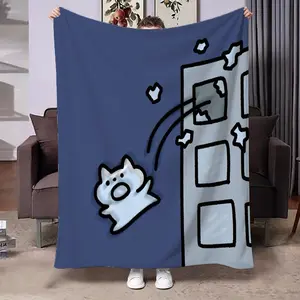 Cute Cat Window Print Flannel Blanket, Soft Comfortable Hidden Blue Base Design, Office Nap Bedroom Living Room Sofa Cover, Portable Car Blanket