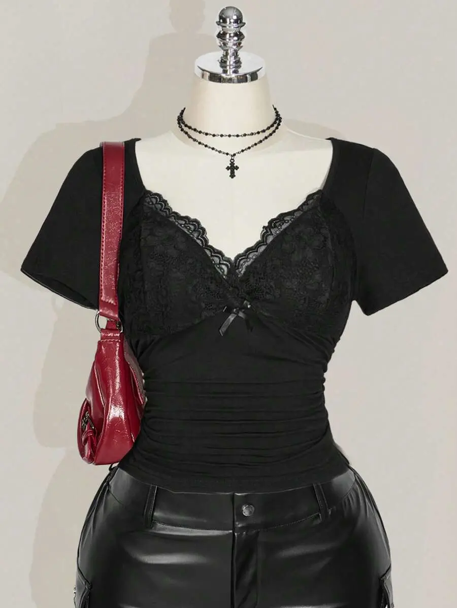 Plus Size V-Neck Lace Top Waist Ruched Fitted Knit Blouse for Wedding Guest and Concert Nights