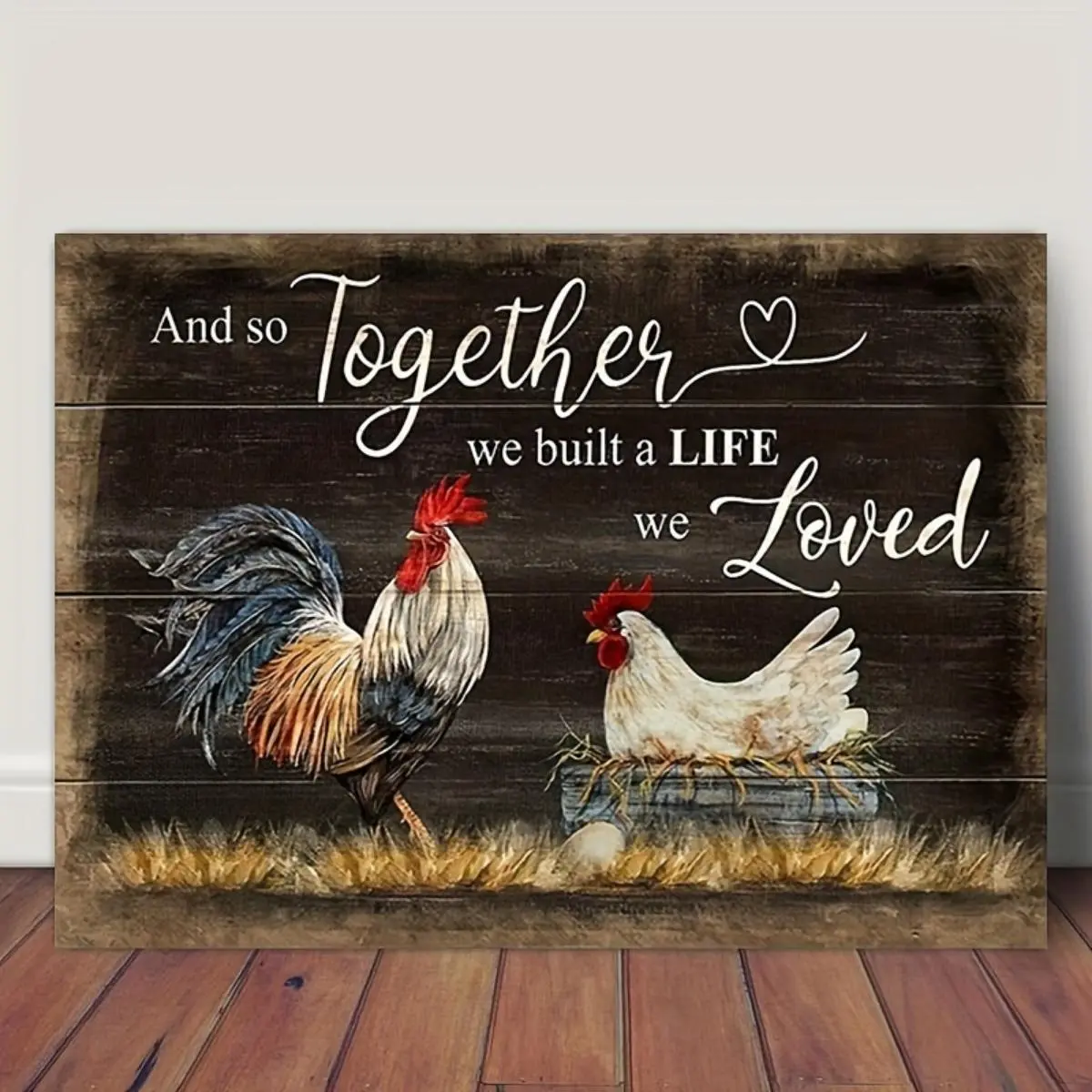 Wooden Framed Canvas Painting Farmhouse Rooster Poster Artwork Country Chicken Hen Hatching Chicks  Oil Poster For Kitchen Dining Pictures Print Wall Art For Living Room Decor Inspirational Wall Art With Framed Ornaments Decoration Photo Artistic