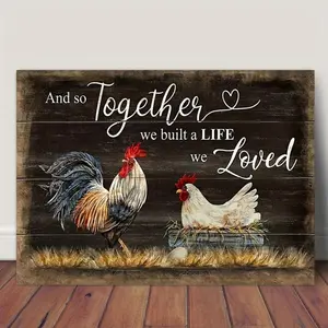 Wooden Framed Canvas Painting Farmhouse Rooster Poster Artwork Country Chicken Hen Hatching Chicks  Oil Poster For Kitchen Dining Pictures Print Wall Art For Living Room Decor Inspirational Wall Art With Framed Ornaments Decoration Photo Artistic
