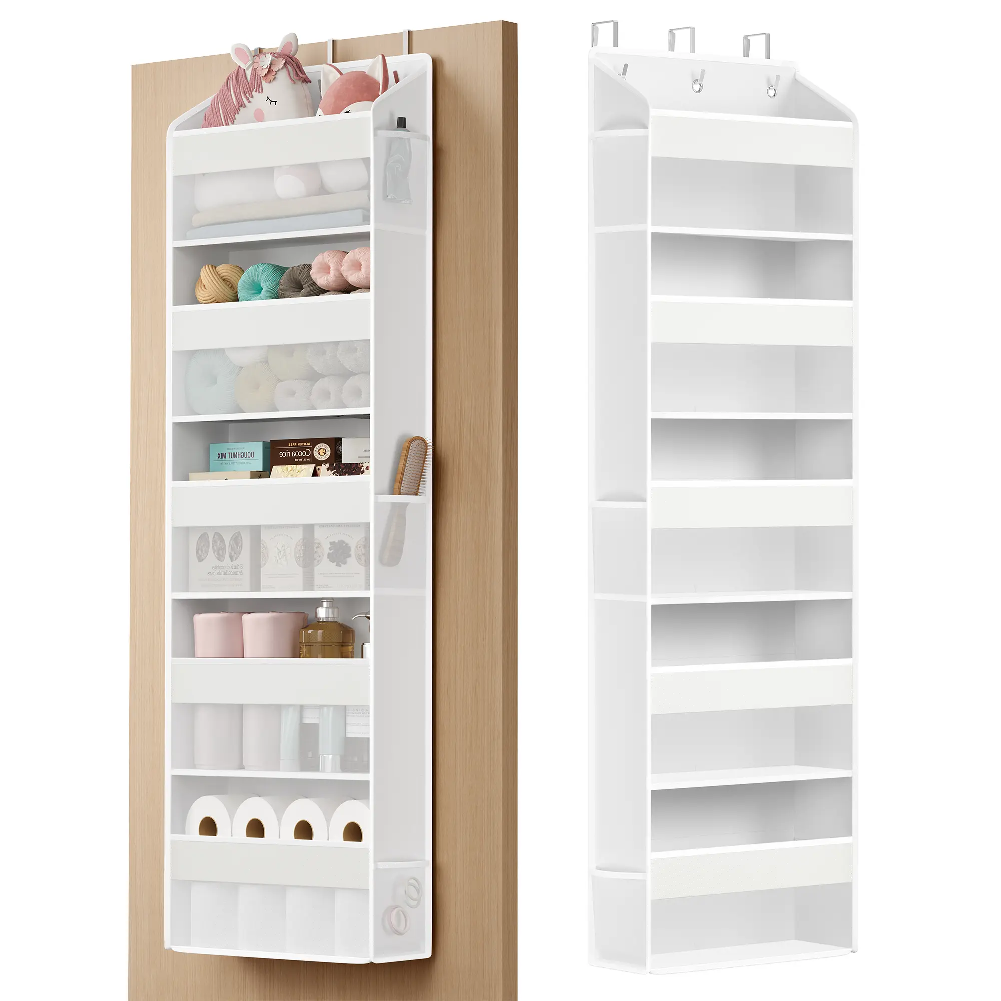 SONGMICS Over-the-Door Organizer Racks, 5-Tier Door Hanging Storage Shelf with Heavy-Duty Metal Hooks, Foldable Design, Transparent Pockets for Closet Organization