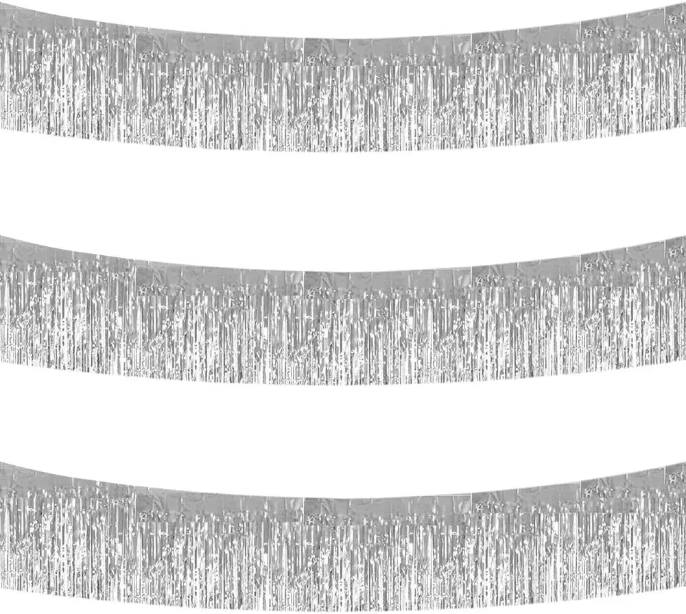 3 Packs 30 Feet Metallic Foil Fringe Garland Tinsel Streamers，Shiny Silver Wall Hanging Tinsel Fringe Banners for Wedding Birthday Party Decoration Halloween Christmas New Year