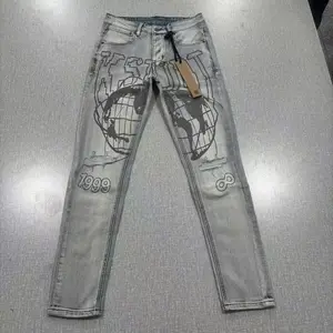 American High Street KSUBI Cross Jeans Embroidered Wash Retro Skull Print Jeans Men Stretch Slim Hip Hop Streetwear KSUBI Pants