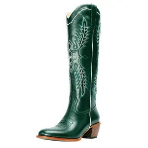 Emerald Green Stitched Western Cowgirl Boots Pointed Toe Mid Calf Fashion Riding Boots For Concert