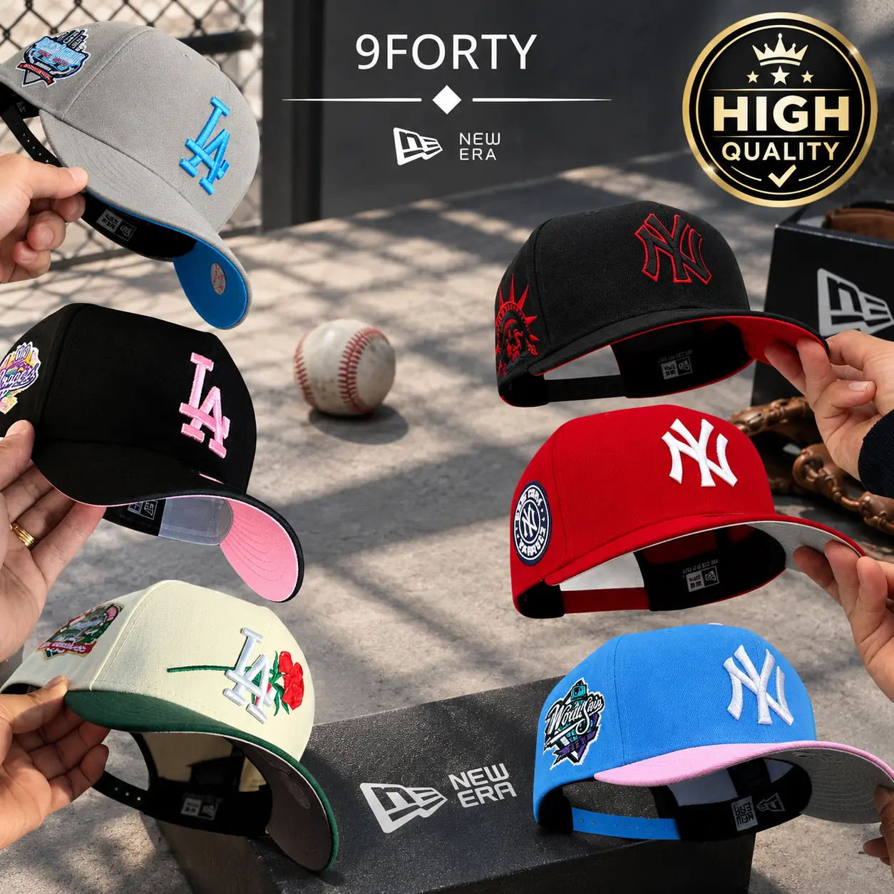 New Era NY Yankees LA Dodgers MLB Baseball Cap, 9FORTY Adjustable Strap Hat for Men Women, Embroidered Logo Detail, Curved Brim, Classic Unisex Sports Headwear, Retro Baseball Style, Streetwear Fashion Accessory, MLB Fan Gear