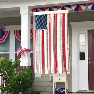 Rustic Boho Burlap American Flag Banner - 50x27in Lightweight Patriotic Wall Hanging with Tassel Garland, Backdrop for 4th of July, Memorial Day Home & Outdoor Celebration Decor