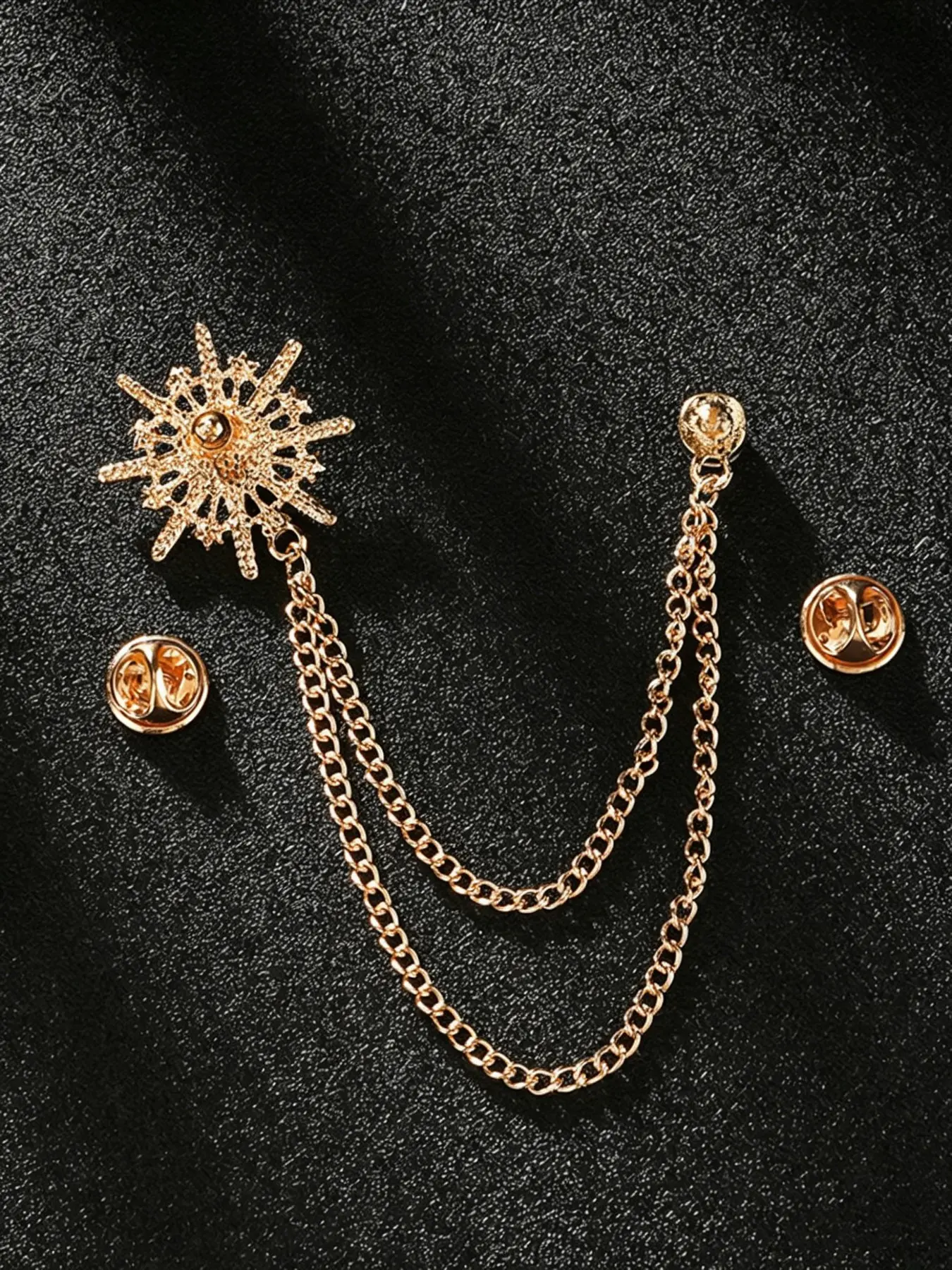 Men's sun Hanging Chain Brooch with Stone Detailing, Engraving, Metal Crystal, Suit Stud Lapel Pin, Vintage Rhinestone Breastpin Wedding Brooch Pin, Gold and Silver, Alloy Brooch Pin, Sparkling Brooch, Crystals Brooch