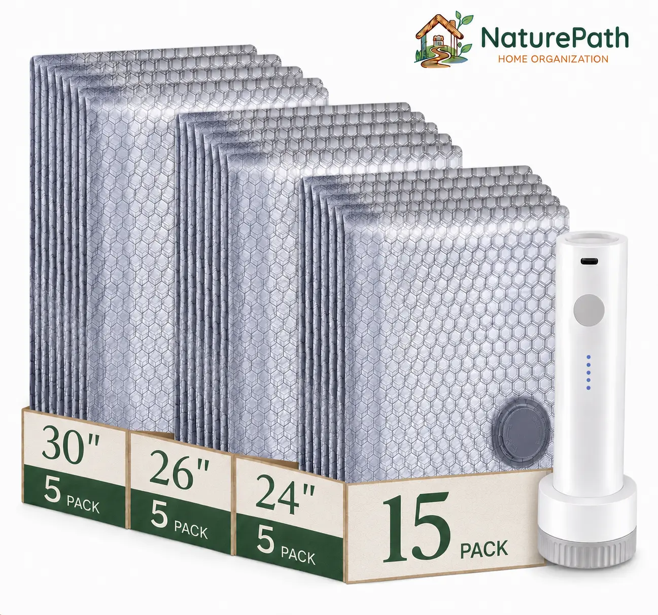 Eco-Friendly Multi-Size Vacuum Seal Bags Set with Rechargeable Cordless Electric Pump, 9/15/21-Pack Multipurpose Storage Bags, Organiser for Luggage Travel & Bedroom Closet Space Saver Reusable Pouches