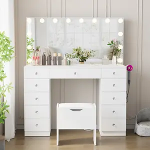 VOWNER Full Mirror Vanity With Power Outlet, with 10×Magnifying Mirror, 3 Color Light Options, 43" Vanity Table with 11 Drawers & Stool, Bedroom, White, Marble