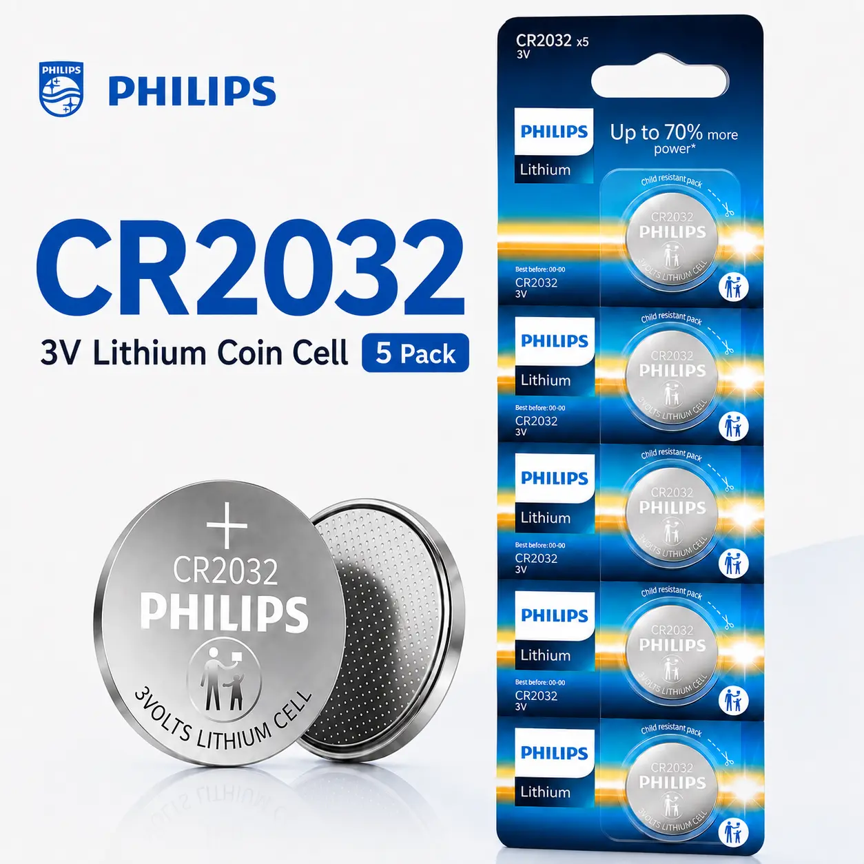 Philips CR2032 3V Lithium Electronic Coin Replacement Batteries - Long-Lasting, Leak-Proof, Child-Resistant Packaging, Up to 10-Year Shelf Life, High-Capacity for Battery-Powered Key Fobs, Car Remotes