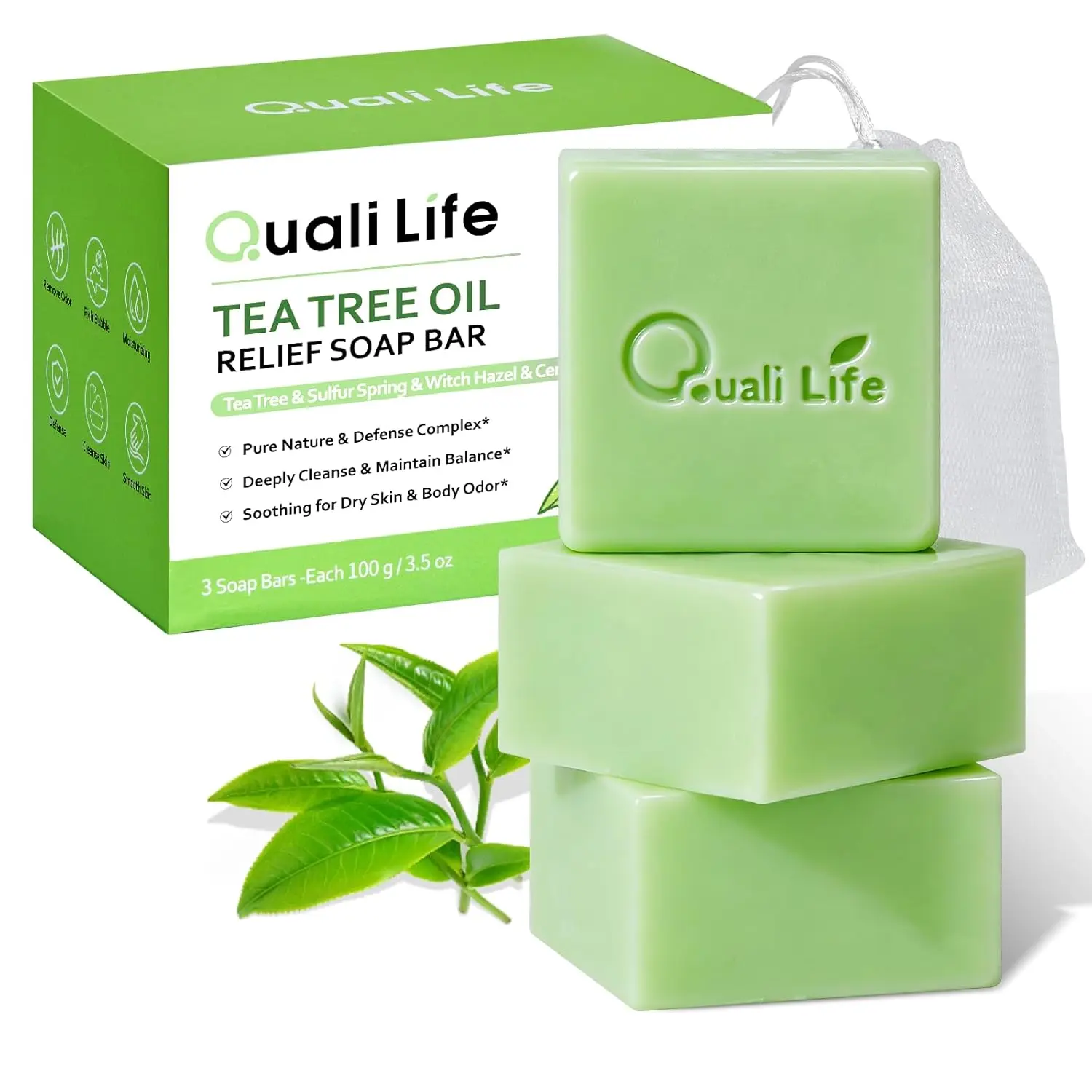 Qualilife Tea Tree Soap, Tea Tree Soap Bar for Face & Body, Antifungal Soap with Tea Tree Oil, Antibacterial Bar Soap for Fungus, Ringworm, Acne, Pack of 3