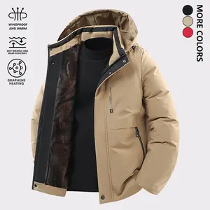 Men's Winter Cotton Jacket with Fleece Lining, Thickened Warm Casual Coat, Made of 100% Polyester Fiber, Full Zip Closure with Cardigan Collar and Zipper Pockets, Hooded Versatile Design, Letter Print Pattern, Outdoor Sports Jacket, Easy to Match Fashiona