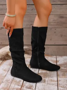 Women's Trendy Solid Color Round Toe Mid-Calf High Boots, Anti-Slip Slim Fit Side Zipper Flat Casual Long Boots for Fall & Winter