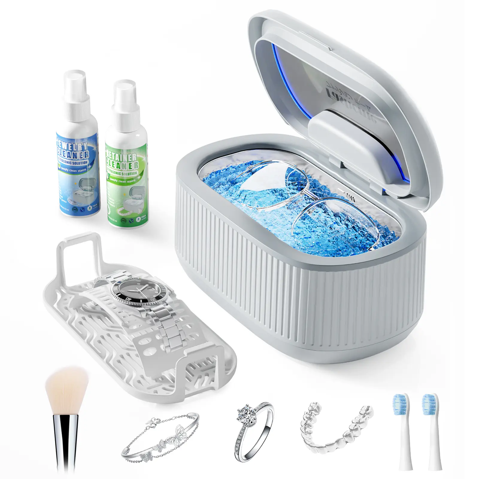 550ML Compact Ultrasonic Jewelry Cleaner - 45kHz Equipment with 3 Power Levels, 5 Timer Modes, Degas Function, 2 Solution Bottles, Stainless Steel Tweezers, Basket, Watch Stand, Polishing Cloth, Odor-Resistant for Deeper Cleaning, Great Gift for Home Use