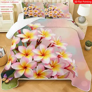 3 pcs, 2D flat print Bohemian bed cover set with plumeria flowers and hummingbird, multiple sizes available, bedding set, festive decorative bedding, ideal for bedroom décor(1 bedspread , 2 pillowcase)