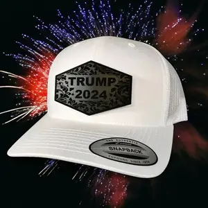 Trump 2024 black on black leather patch trucker hat