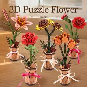 Eternal Artificial Flower Blocks Rose Lily Sunflower Carnation Tulip Tabletop Decorative Handmade Gift Potted Plant DIY Creative Model Assembly Toy DIY Assembly Kit Fake Blossom Plants