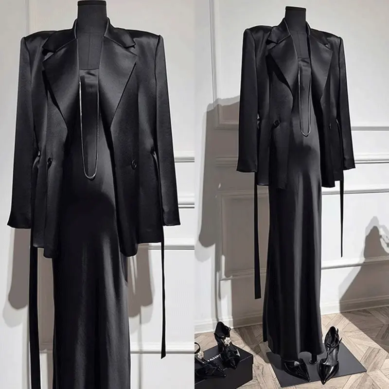Luxury Glossy Satin Matching Suit Oversized Peak Lapel Blazer Back Long Ribbon Detail Sleeveless Floor Length Slip Dress Minimalist Chic Women Formal Party Two Piece Set