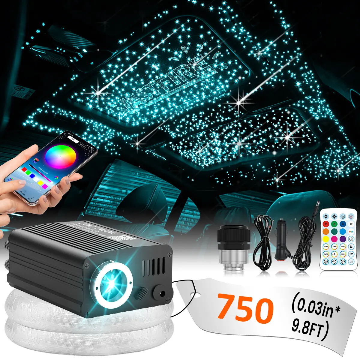 [Twinkle Meteor Starlight Headliner] 2-in-1 Twinkle Meteor Starlight Headliner Light Kit - 16W RGBW Light Source with 750pcs 0.03in 9.8ft Fiber Optical Cable - Sound Activated APP/Remote Control for Car/Home/Party Lighting