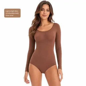 Long Sleeve Lightweight Shaping Bodysuit | Wide Round Neck Waist Support Compression Bodysuit With Hook Crotch & 3D Hip Lift, Hidden Base Layer For Daily & Formal Occasions