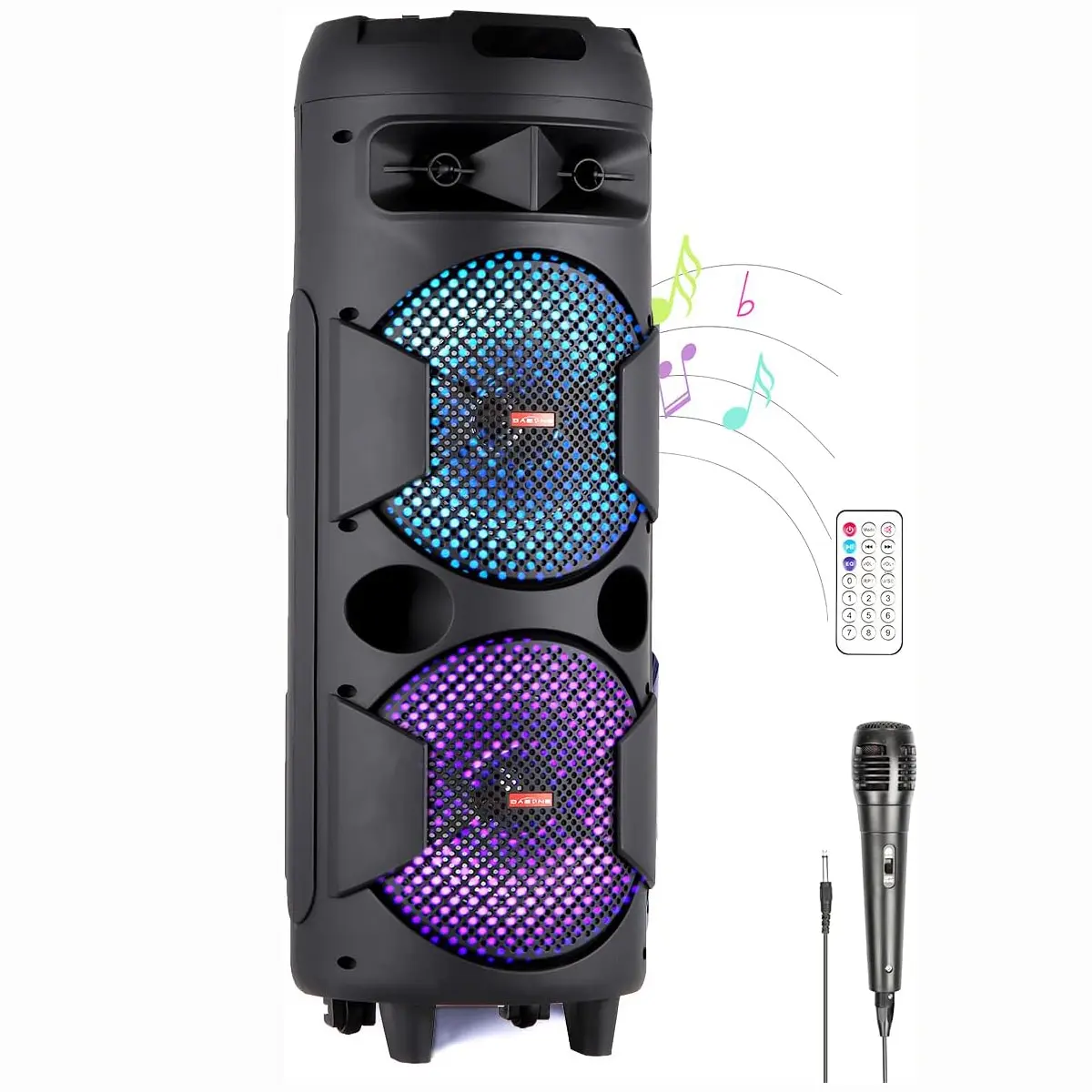 Dazone Bluetooth Audio Speaker, TWS Karaoke PA System Set with Wired Microphone, Remote Control, Colorful Lights, FM Radio, Smartphone Compatibility, Cable, Memory Card Support