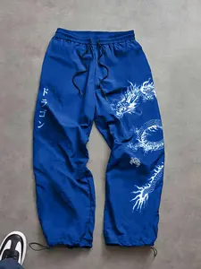 Men's Fashion Japanese Dragon Print Casual Sports Pants, Adjustable Elastic Waistband, Lightweight Comfortable Nylon Fabric, Casual Streetwear Trousers