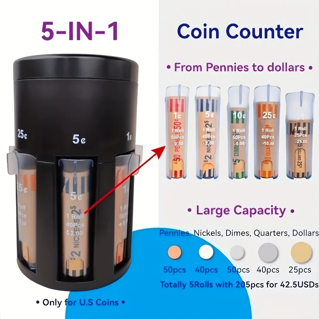 Five-in-one Coin Counter, Coin Sorter, Rotatable Base, Change Sorter, Coin Sorter