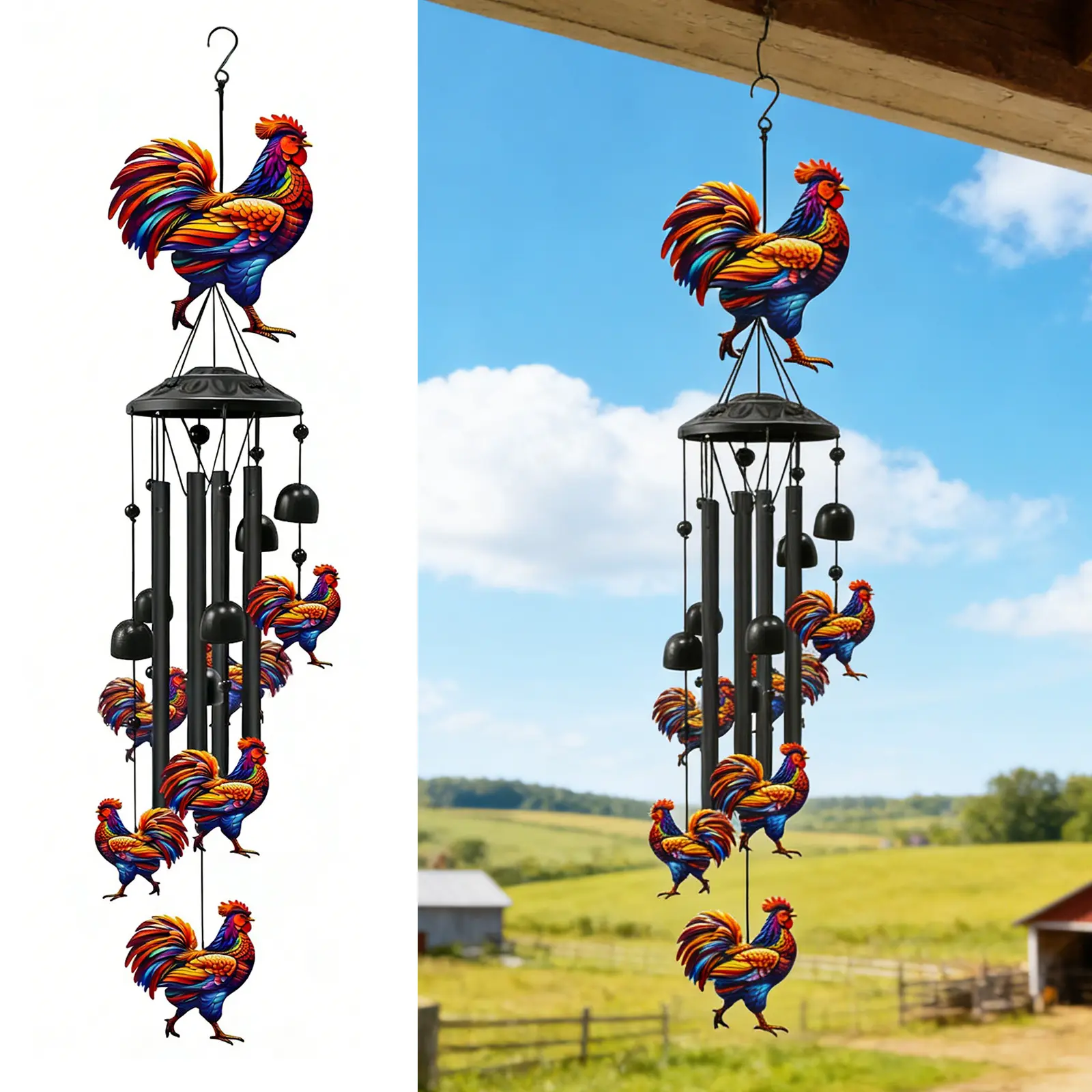 Vintage metal Chicken Wind Chime, Hanging Rooster Wind Bells, Colorful Chicken Decor for Gardens and Patios, Ideal Gift for Memorial, Birthday