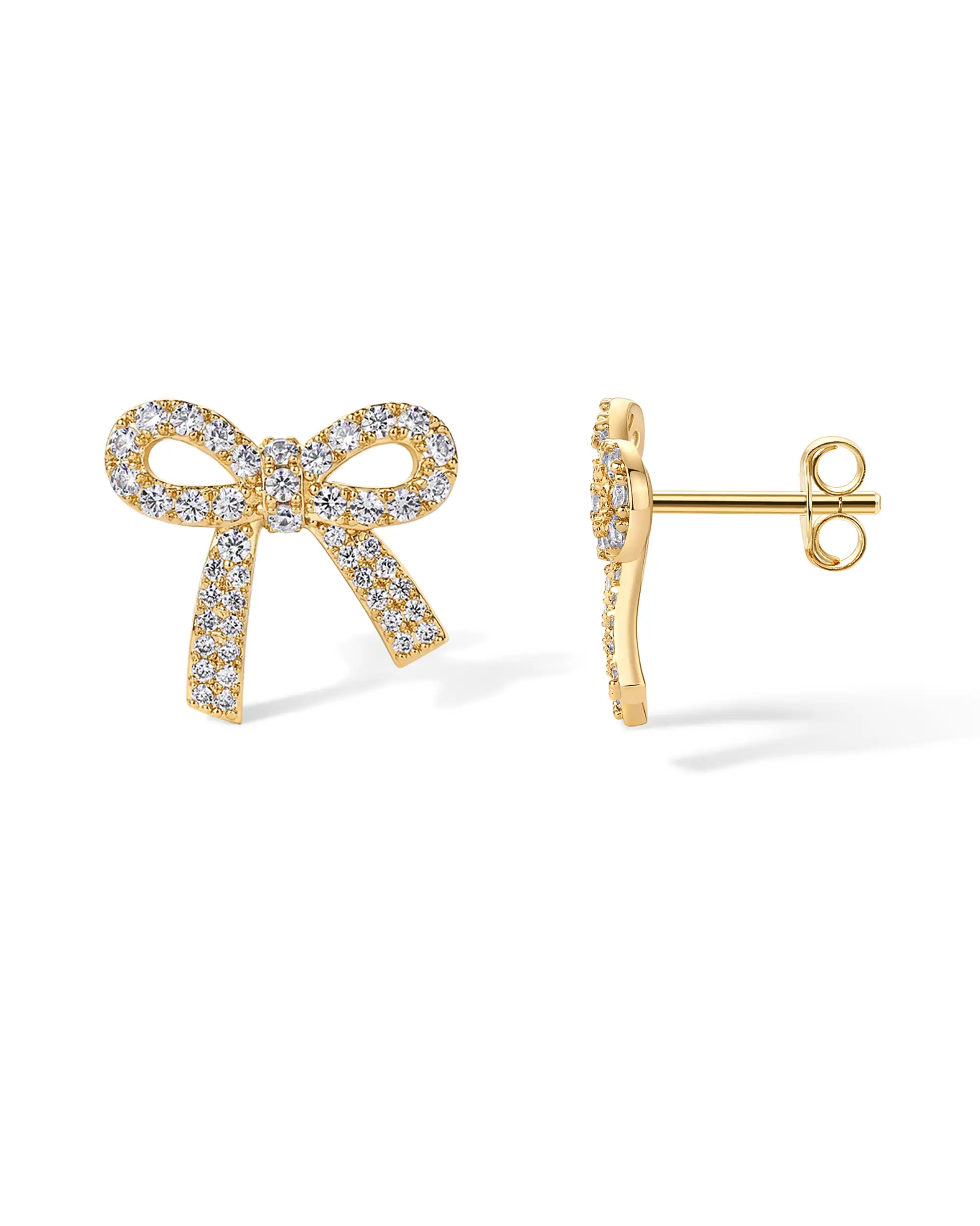 PAVOI 14K Gold Plated Bow Stud Earrings for Women - Premium Cubic Zirconia Dainty Coquette Studs Earring