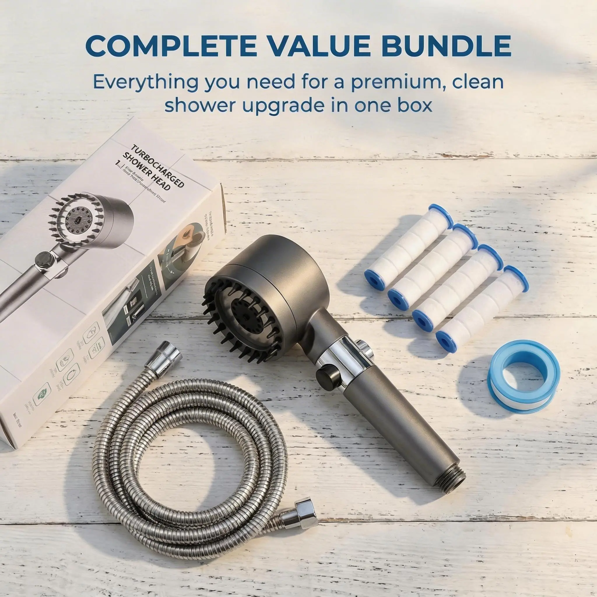3-in-1 Filtered Shower Head with Scalp Massage Jet & 5 Showerhead Filters, Turbo High Pressure Water Saving, Hair & Skin Care, Tool-Free Easy Install, No Plumber Needed, Modern Grey Design, Showerhead Filter