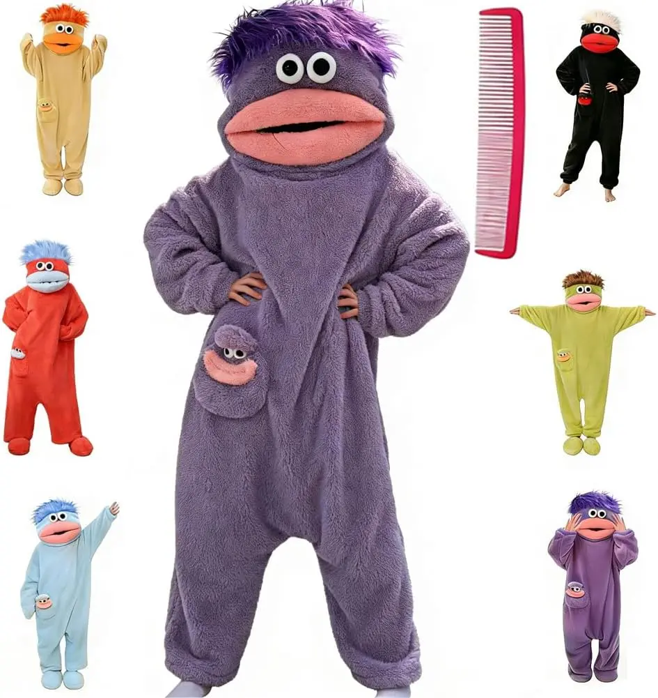 big mouth monster onesie funny gag wearable blanket hoodie pajamas for adults, ultra cozy upgraded soft plush costume, complete set includes free comb & matching foot covers, perfect spooky season party outfit