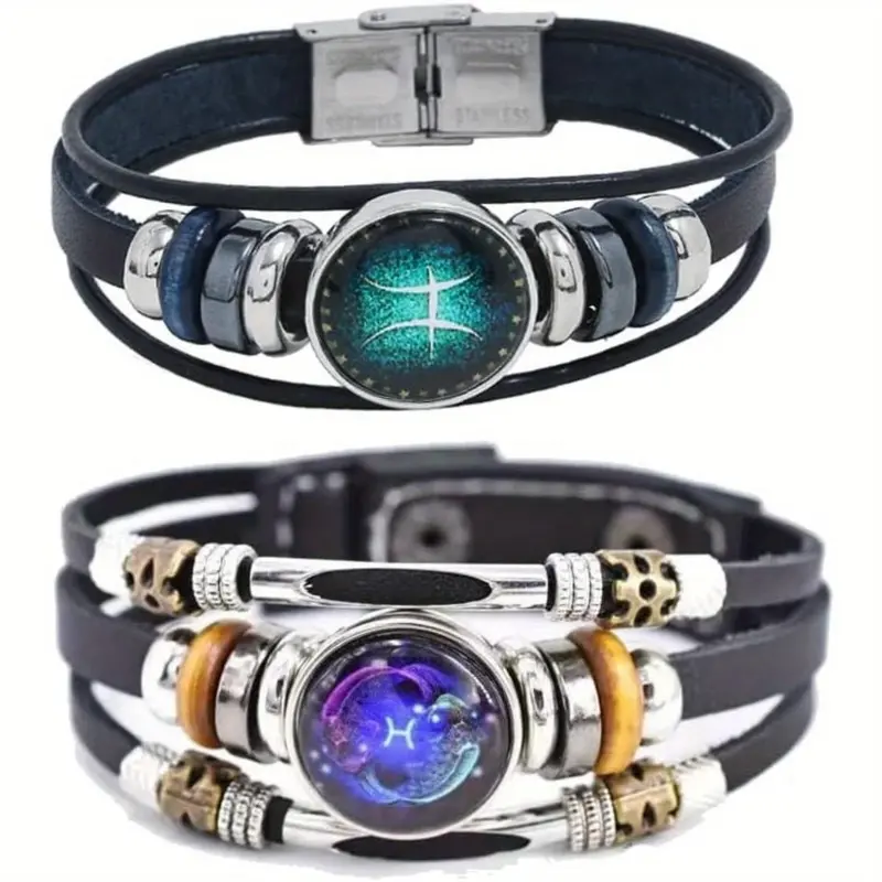 2Pcs Multilayer Constellation Zodiac Leather Bracelet Handmade Woven Zodiac Sign Wrap Bracelet Wristband for Women Men Jewelry Birthday Gift