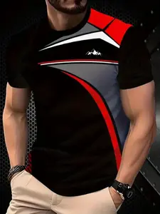 Men's Quick-Dry 3D Digital Print T-Shirt, Breathable Polyester Geometric Pattern, Fitted Short Sleeve Gym Workout Wear, Workout Sportswear, All-Season Wear