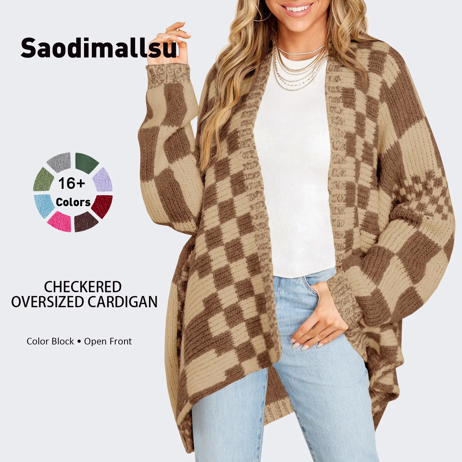 Saodimallsu Women's Oversized Checkered Cardigan, Color-Block Long Sleeve Open-Front Knit Sweater Coat for Casual Wear, Knitwear, Lady, Tops
