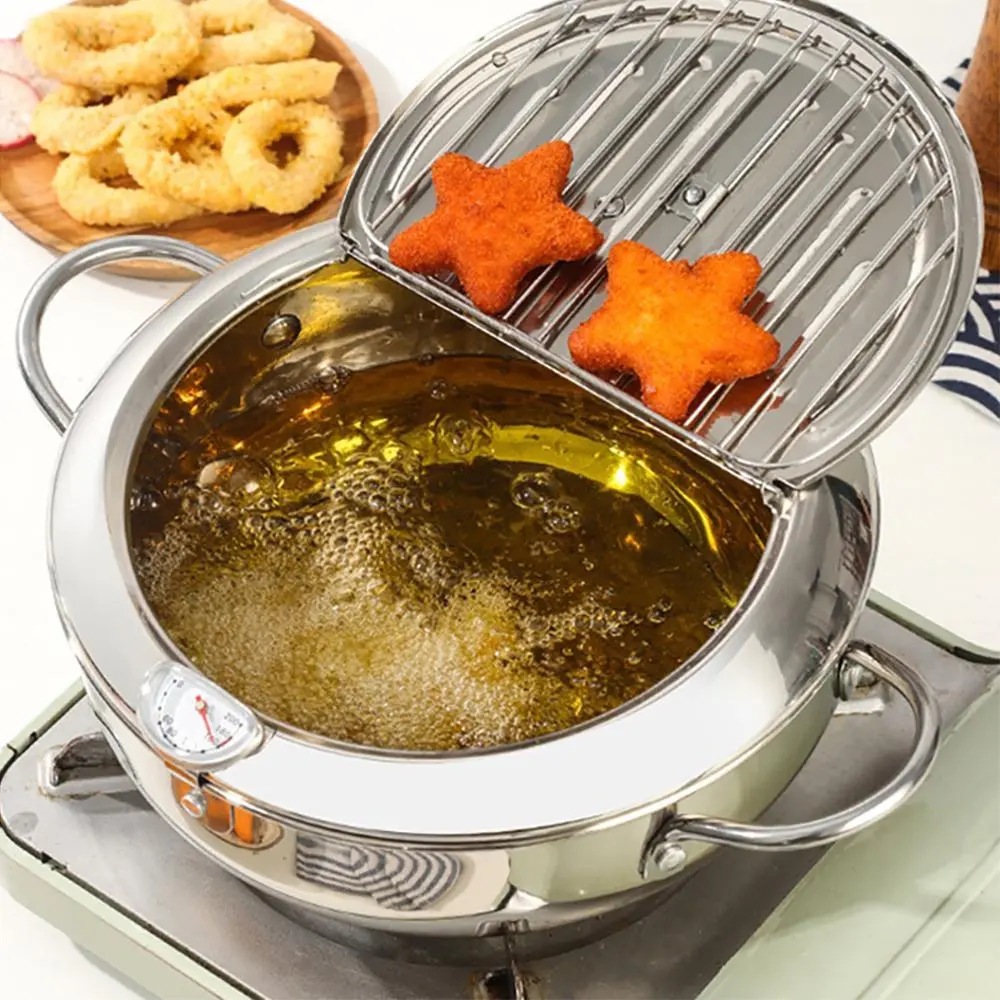 Deep Fryer Pot, 1 Count Japanese Style Tempura Frying Pot with Lid, 304 Stainless Steel with Oil Drip Drainer Rack Countertop Home Deep Fryer for Kitchen French Fries Chicken
