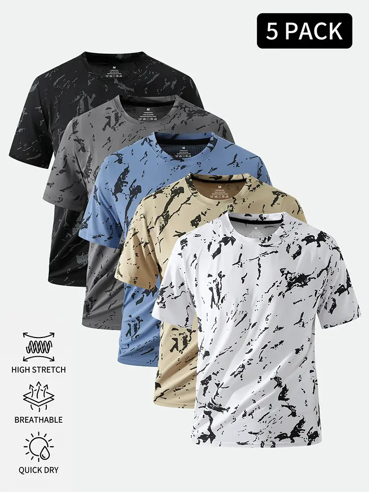 Pack of 5 men’s summer T-shirts — new stylish street casual design. Floral pattern; comfortable, soft, breathable crew neck. Short sleeves for summer; relaxed fit, breathable and comfortable. Ideal for everyday wear, outdoor sports, trendy fashion, and ve