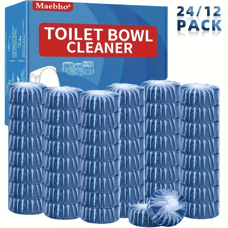 12PCS/24PCS Non-Bleach Wet-Activated Toilet Bowl Cleaners - Auto Cleans Every Flush, Soluble Film, Residue-Free, Deodorizing, Stain-Resistant, Safe & Effective Household Packets with Light Blue Cleaning Water, 7-10 Days Use, Daily Toilet Care Supplies