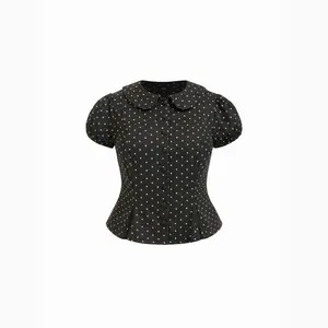 Cider Polka Dot Peter Pan Collar Puff Sleeve Top Curve & Plus