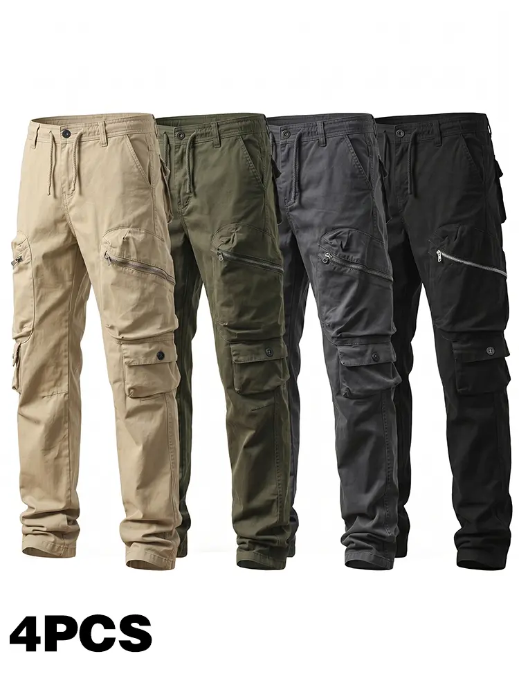 4-Pack Men’s Lightweight Anti-Tear Hiking Pants, Elastic Waist, Non-Stretch Fabric, Solid Color, Suitable for Mountaineering, Rock Climbing, Camping, Fishing, Hunting, and Other Outdoor Activities