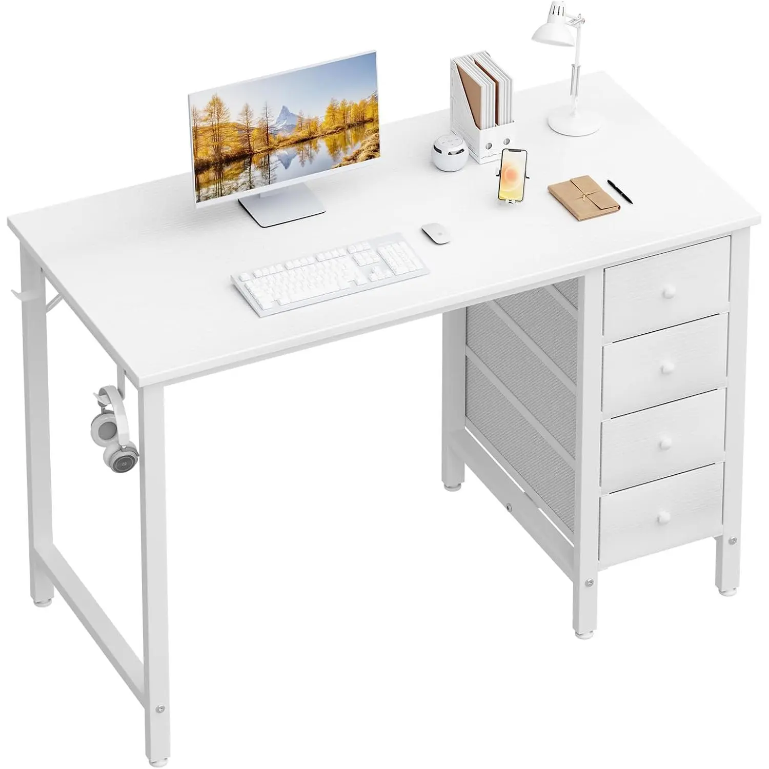 Small White Desk with Fabric Drawers, 40 Inch  Girls Teen Cute Study Desk for Bedroom Work, Reversible Computer Writing Table Desks with Drawer for Small Spaces Home Office