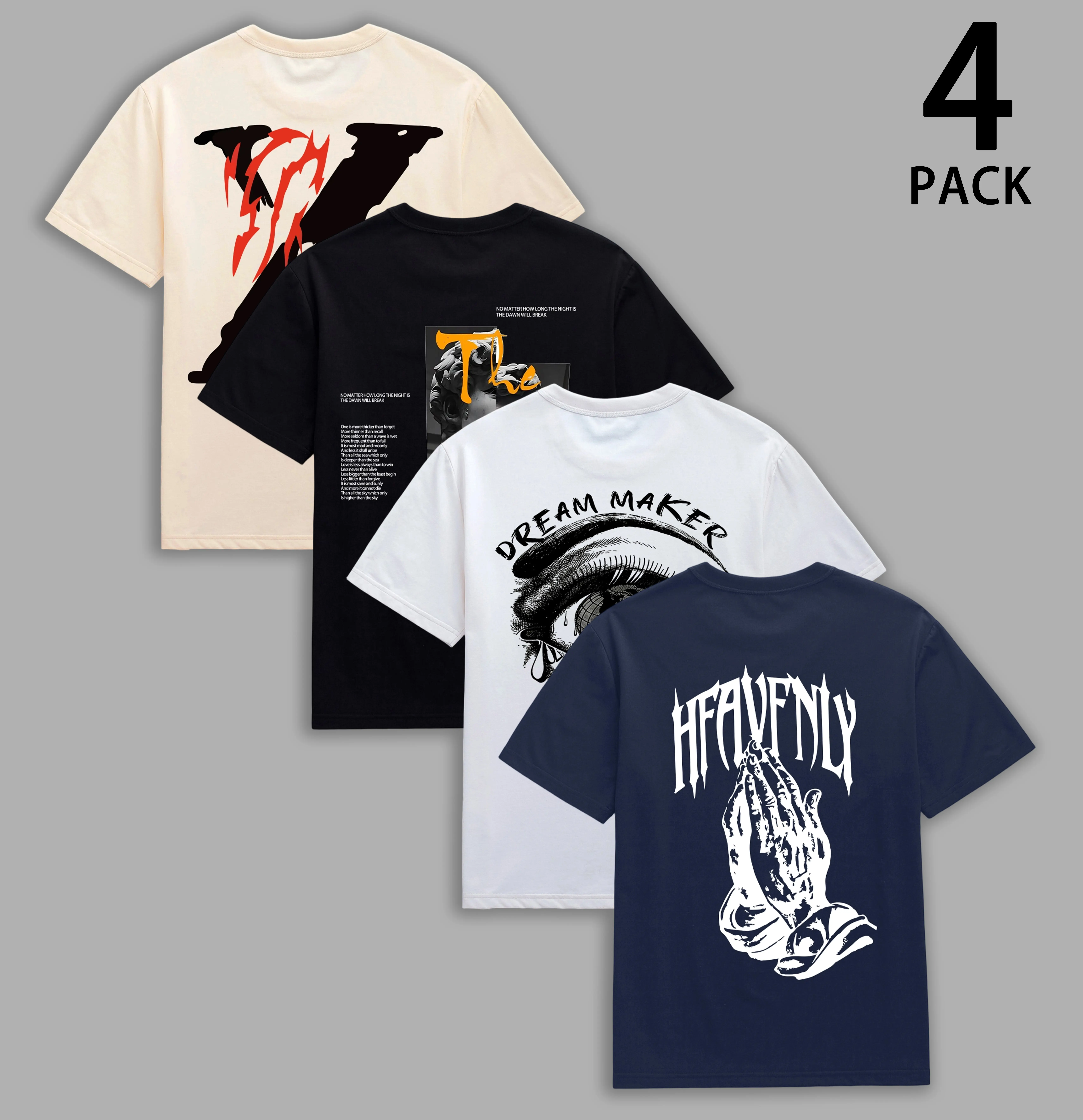 Men's 4-Pack Graphic T-Shirts, Oversized Casual Streetwear Tops with Short Sleeves and a Round Neck, T Shirt,back to school,back to school shopping, Clothing, Oversized Graphic Tee
