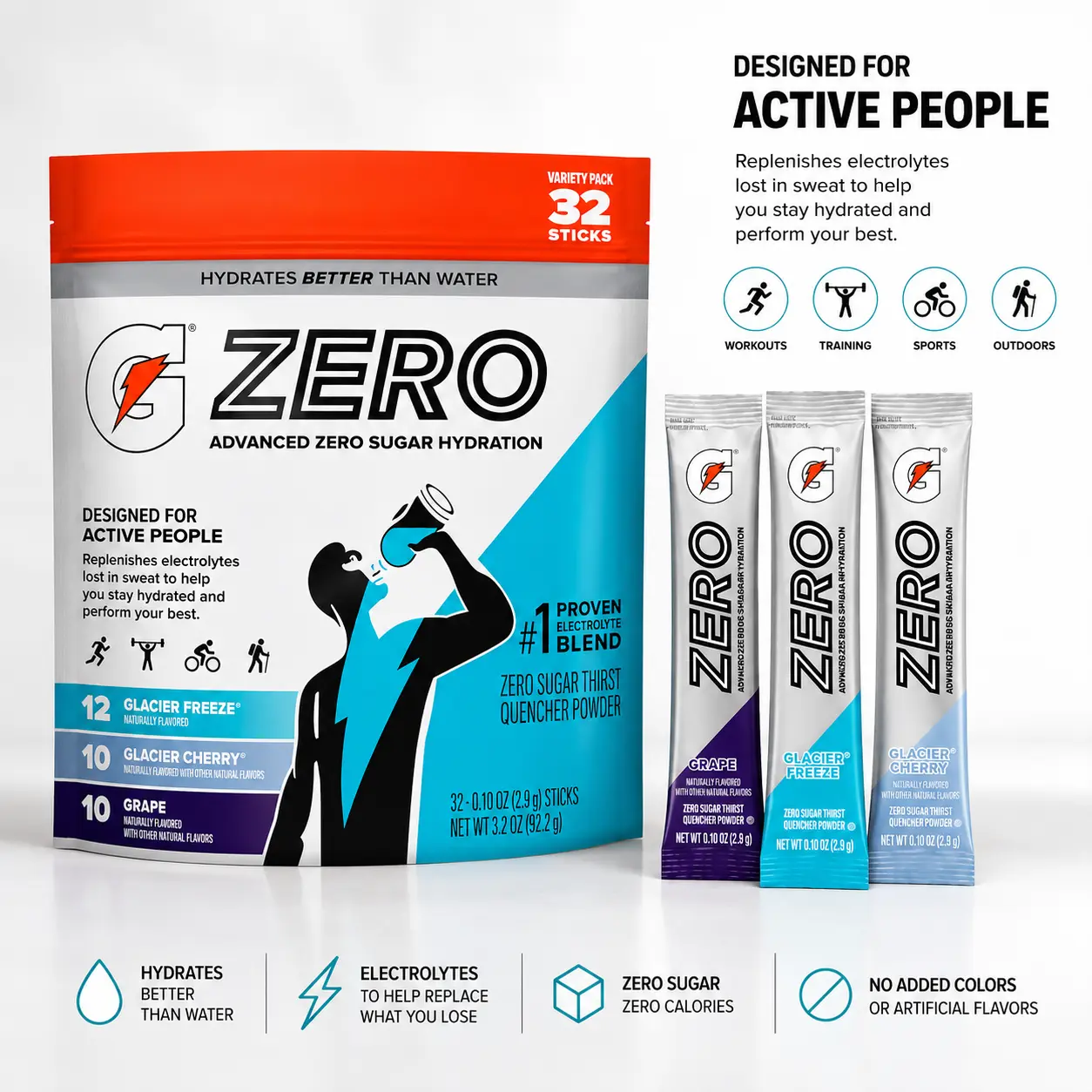 Gatorade G 0 Powder Packets - Classic Variety Pack, 32-Count Health & Wellness Hydration Supplement