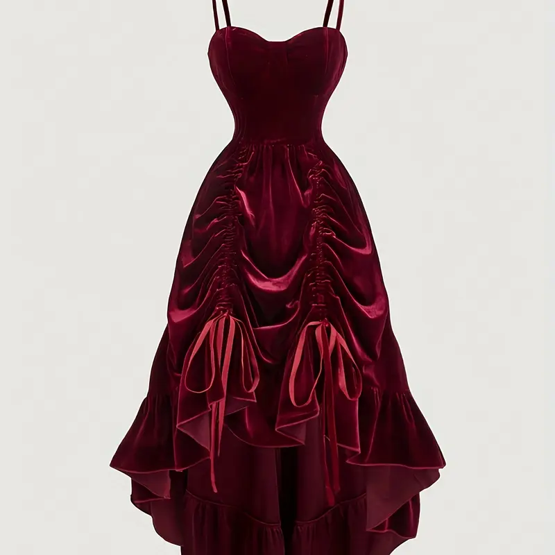Women's Wine Soft Velvet Fabric Spaghetti Strap Long Fitted Corset Dress, Lady Formal Autumn Wedding Guest Gown, Wedding Outfit, Back-To-School, Bridgerton Elegant Chic Style, New Year, Valentine's Day, Birthday, Womenswear