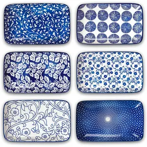 Ceramic 8 inch Rectangular Salad Plates, Dinner Plates, Pasta Dessert Plates for Appetizer, Sushi, Fruit - Microwave/oven/Dishwasher Safe, Set of 6,  Blue